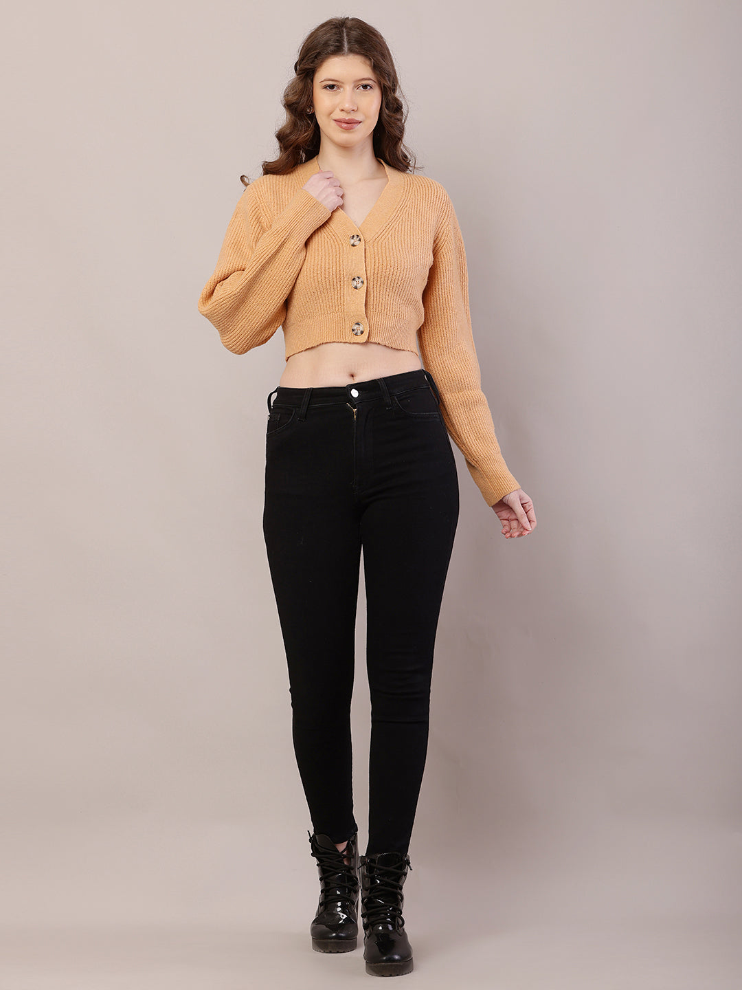 Polyester Full Sleeve with V-Neck Ribbed Crop Mustard Cardigan