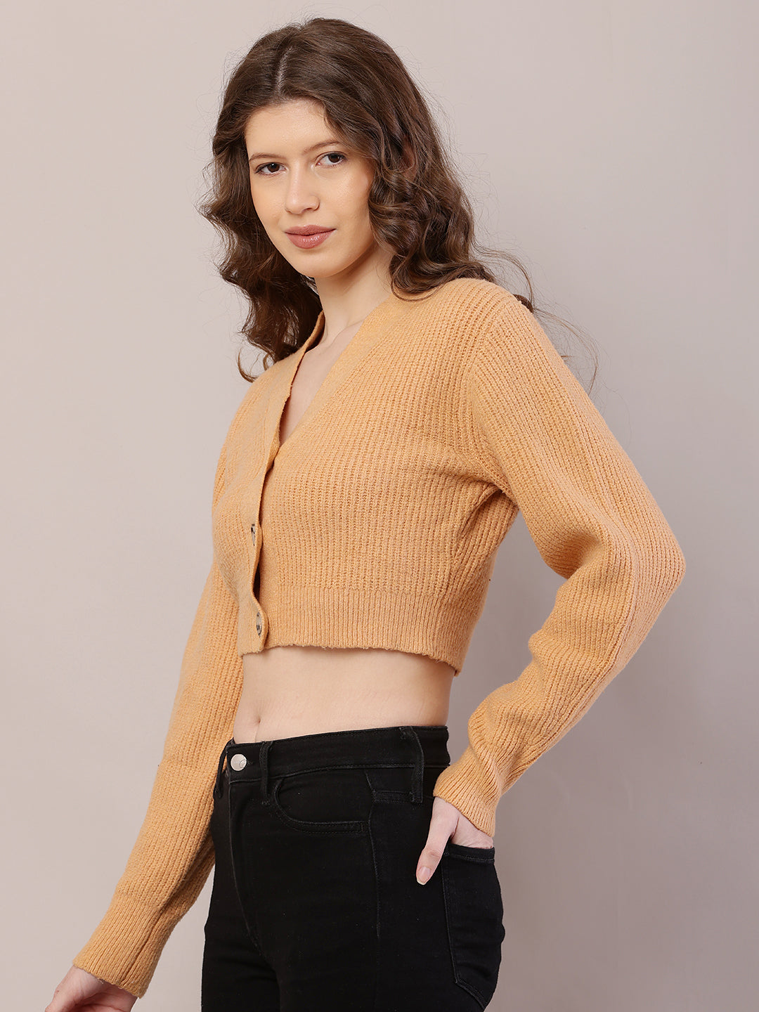 Polyester Full Sleeve with V-Neck Ribbed Crop Mustard Cardigan