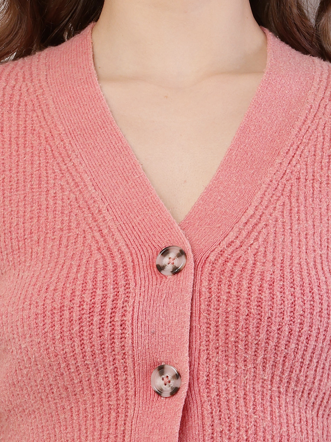 Polyester Full Sleeve with V-Neck Ribbed Crop Light Peach Cardigan