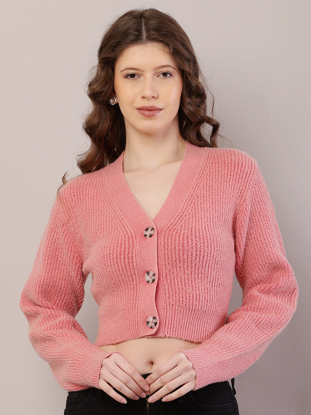 Polyester Full Sleeve with V-Neck Ribbed Crop Light Peach Cardigan