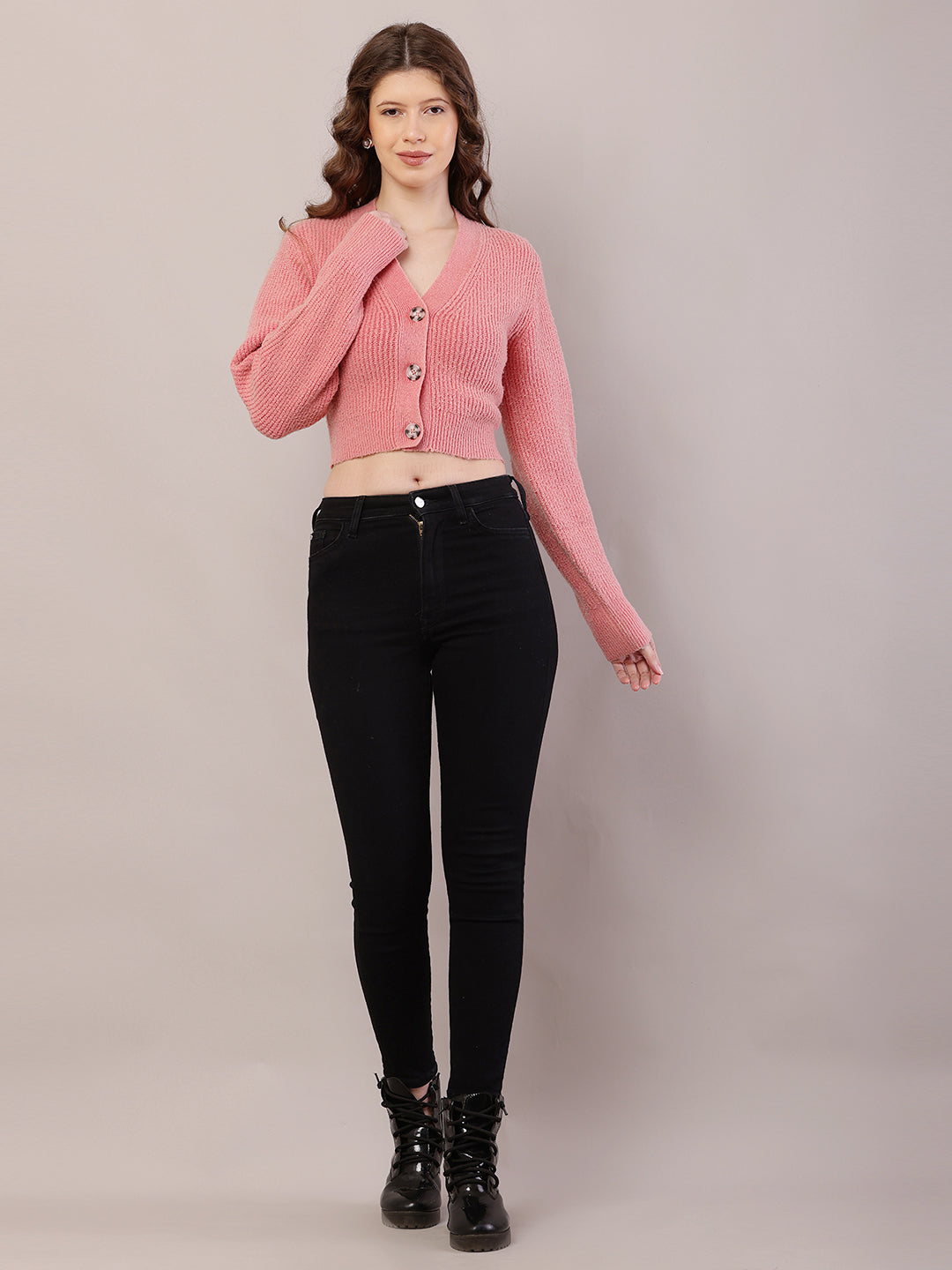 Polyester Full Sleeve with V-Neck Ribbed Crop Light Peach Cardigan