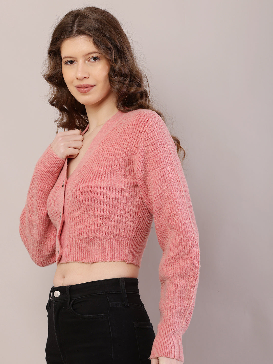 Polyester Full Sleeve with V-Neck Ribbed Crop Light Peach Cardigan