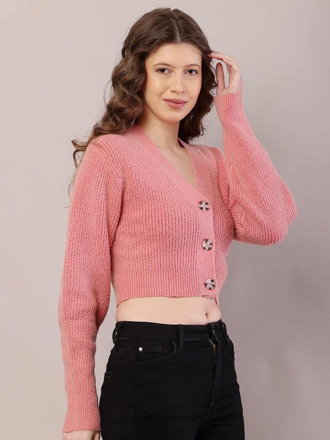 Polyester Full Sleeve with V-Neck Ribbed Crop Light Peach Cardigan