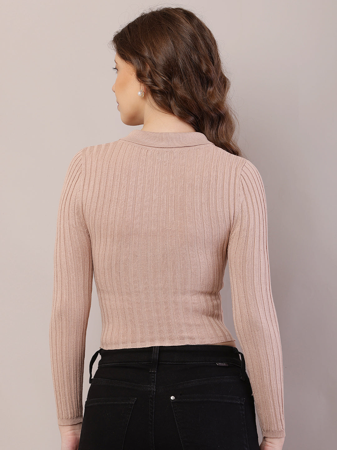 Viscose Full Sleeve with Shirt Collar Ribbed Crop Beige Cardigan