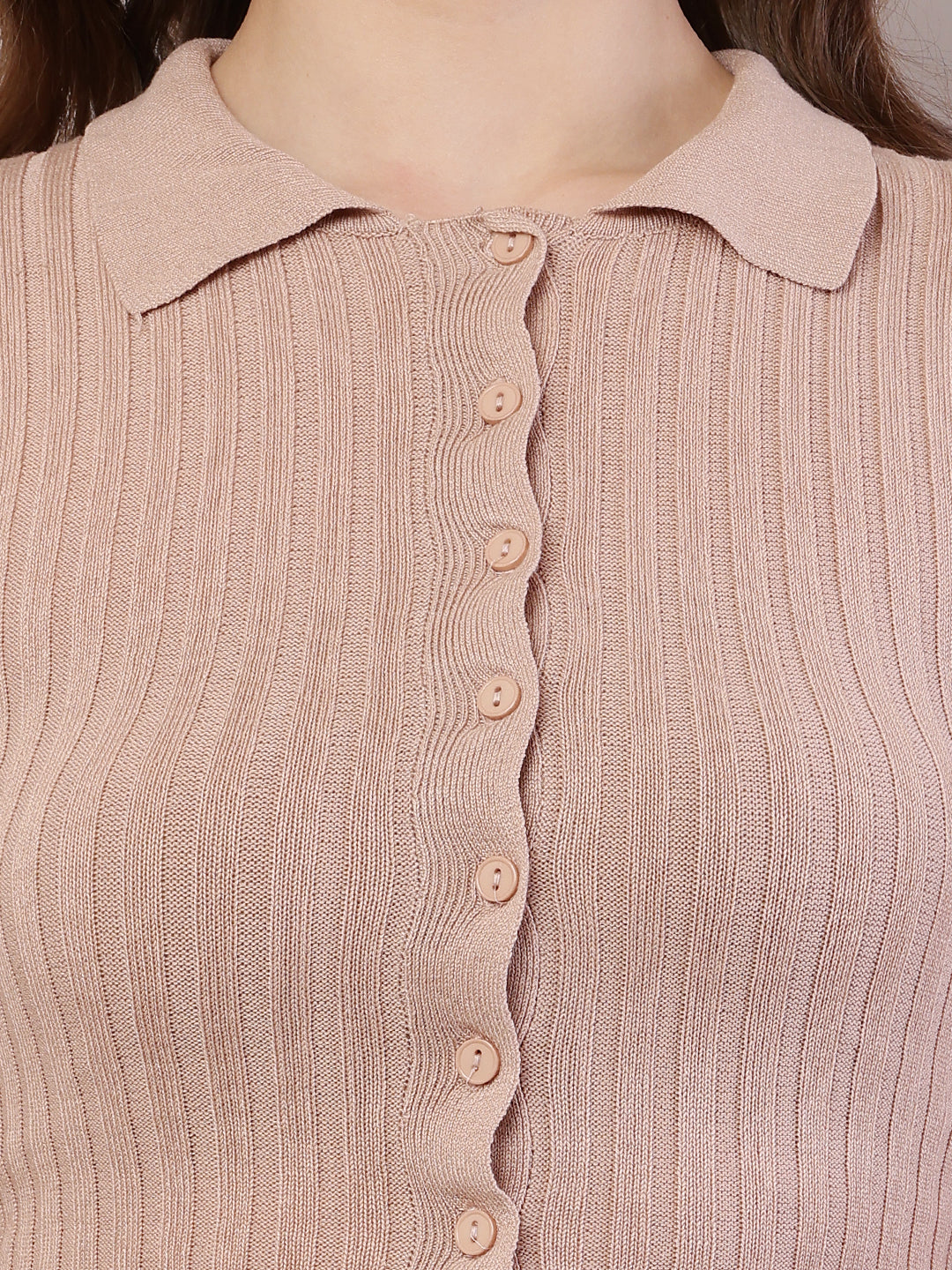 Viscose Full Sleeve with Shirt Collar Ribbed Crop Beige Cardigan