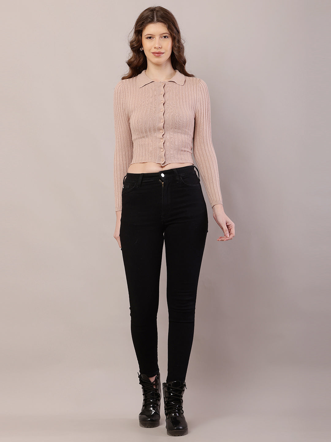 Viscose Full Sleeve with Shirt Collar Ribbed Crop Beige Cardigan