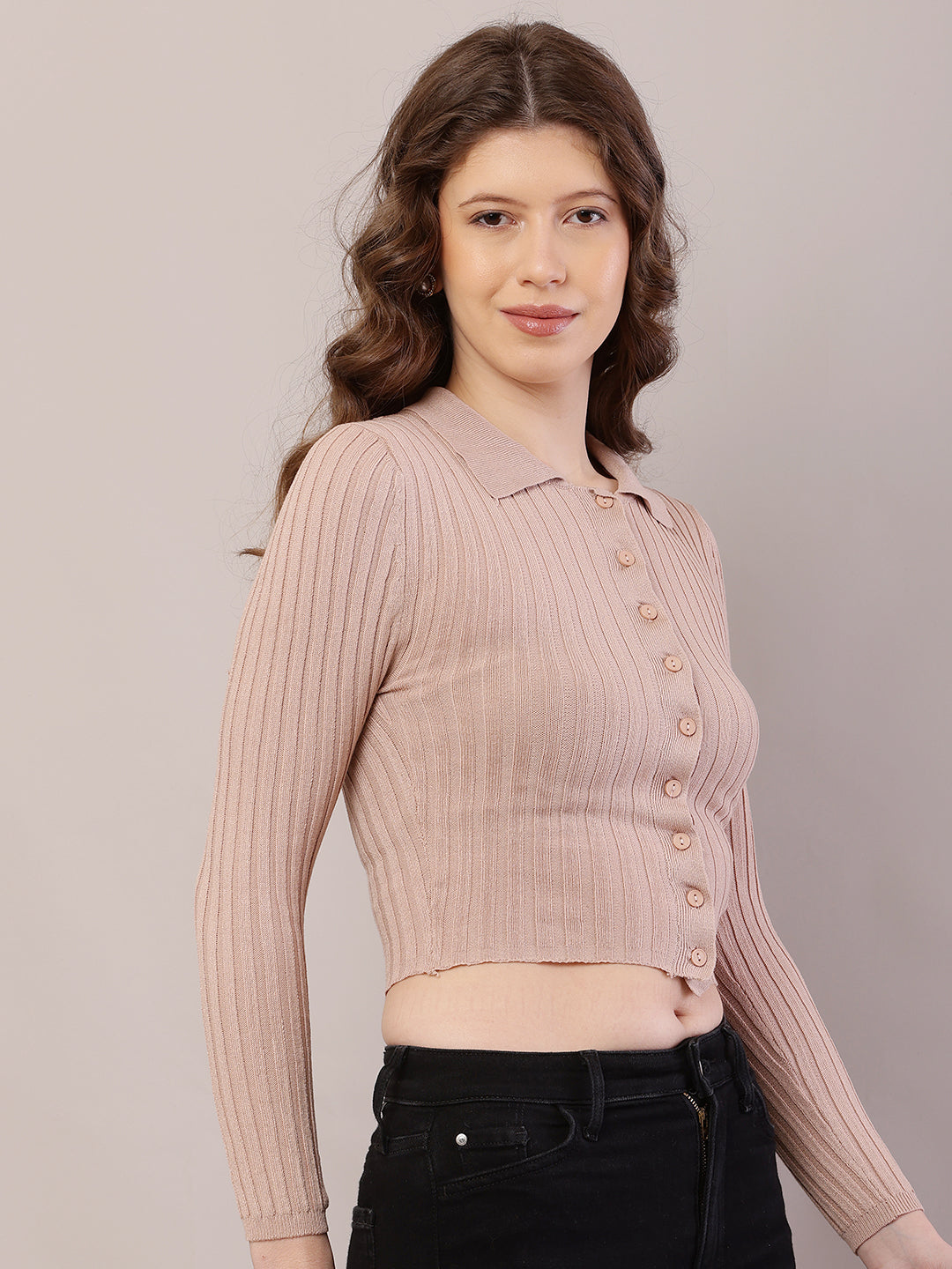 Viscose Full Sleeve with Shirt Collar Ribbed Crop Beige Cardigan