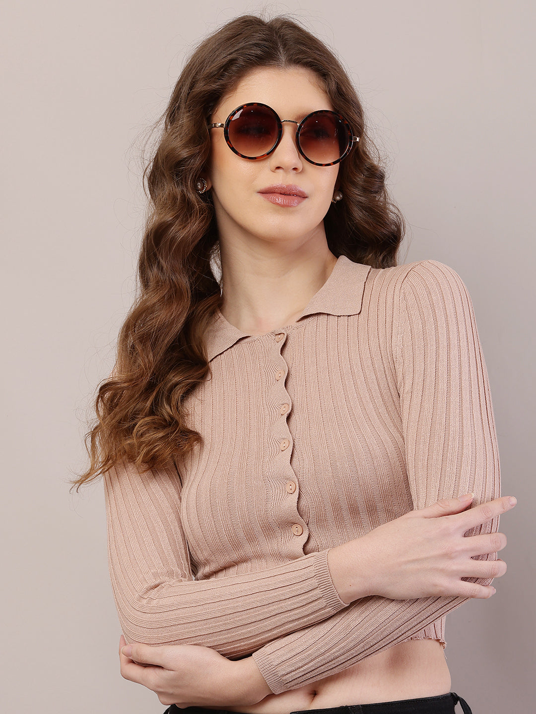 Viscose Full Sleeve with Shirt Collar Ribbed Crop Beige Cardigan