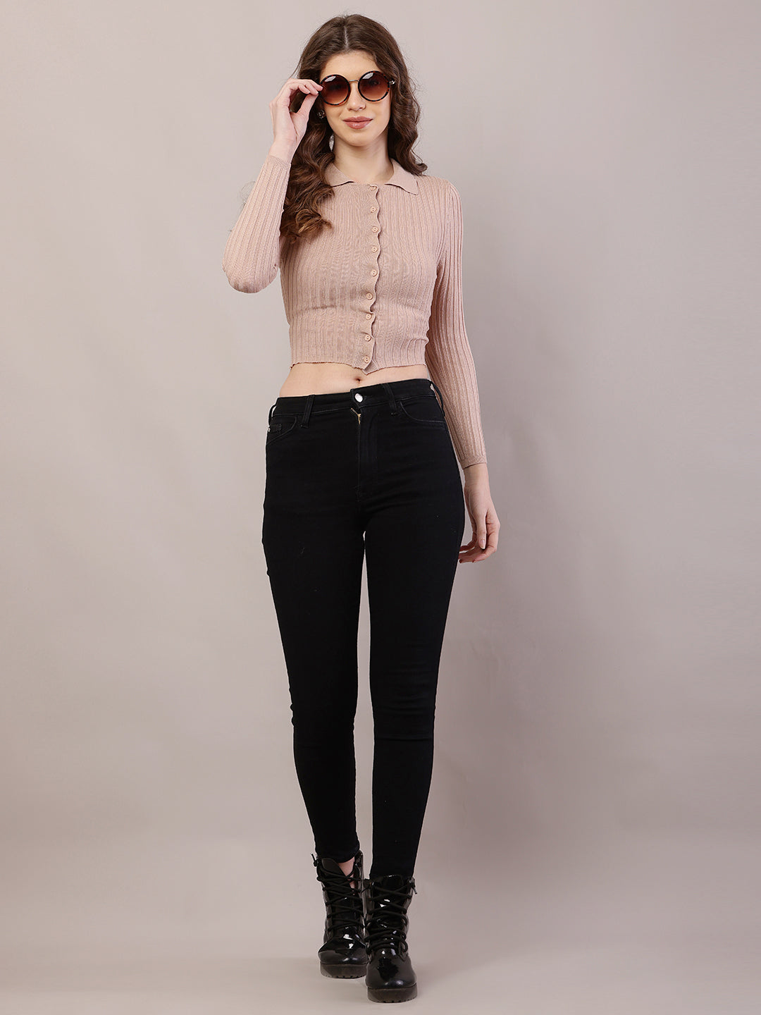 Viscose Full Sleeve with Shirt Collar Ribbed Crop Beige Cardigan