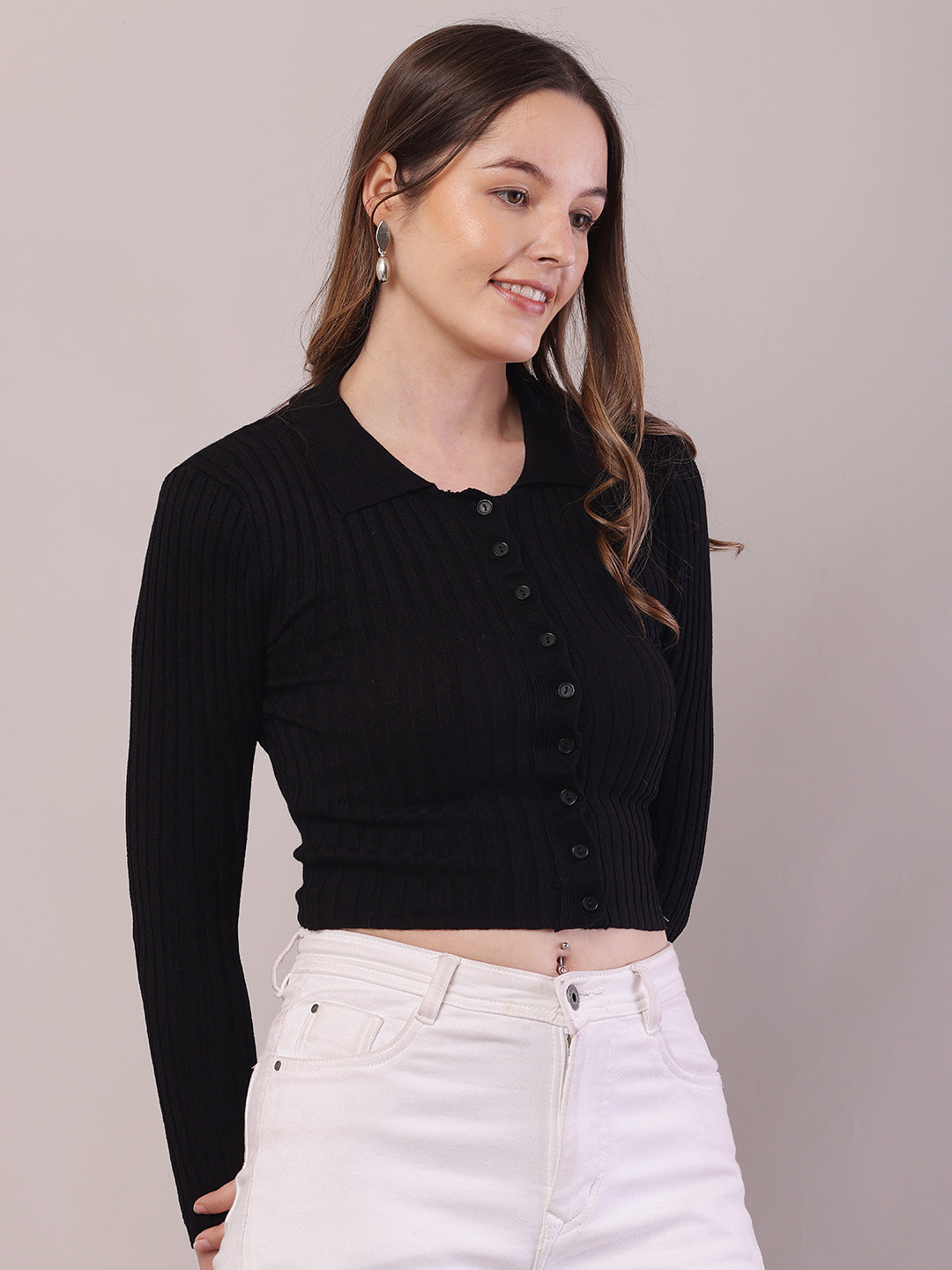 Viscose Full Sleeve with Shirt Collar Ribbed Crop Black Cardigan