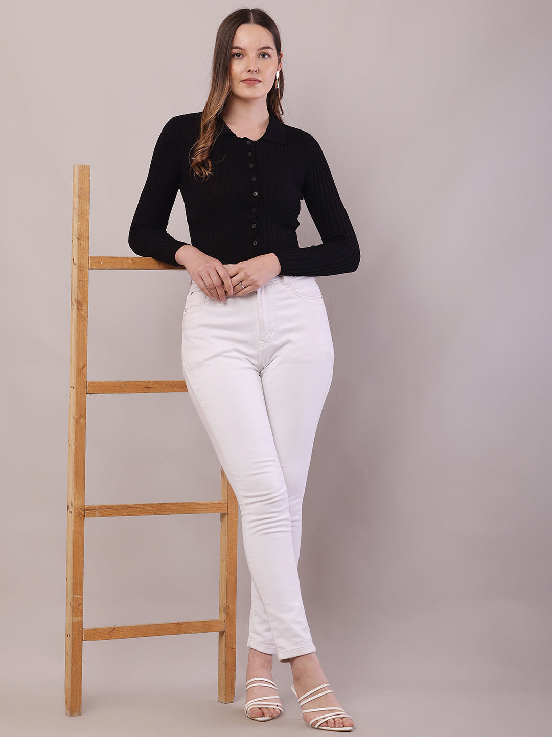 Viscose Full Sleeve with Shirt Collar Ribbed Crop Black Cardigan