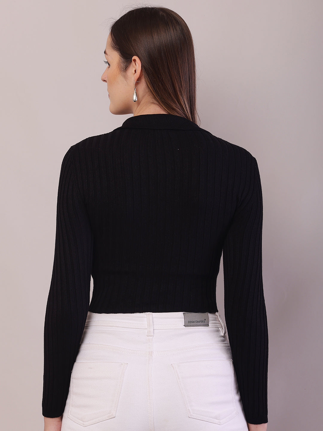 Viscose Full Sleeve with Shirt Collar Ribbed Crop Black Cardigan
