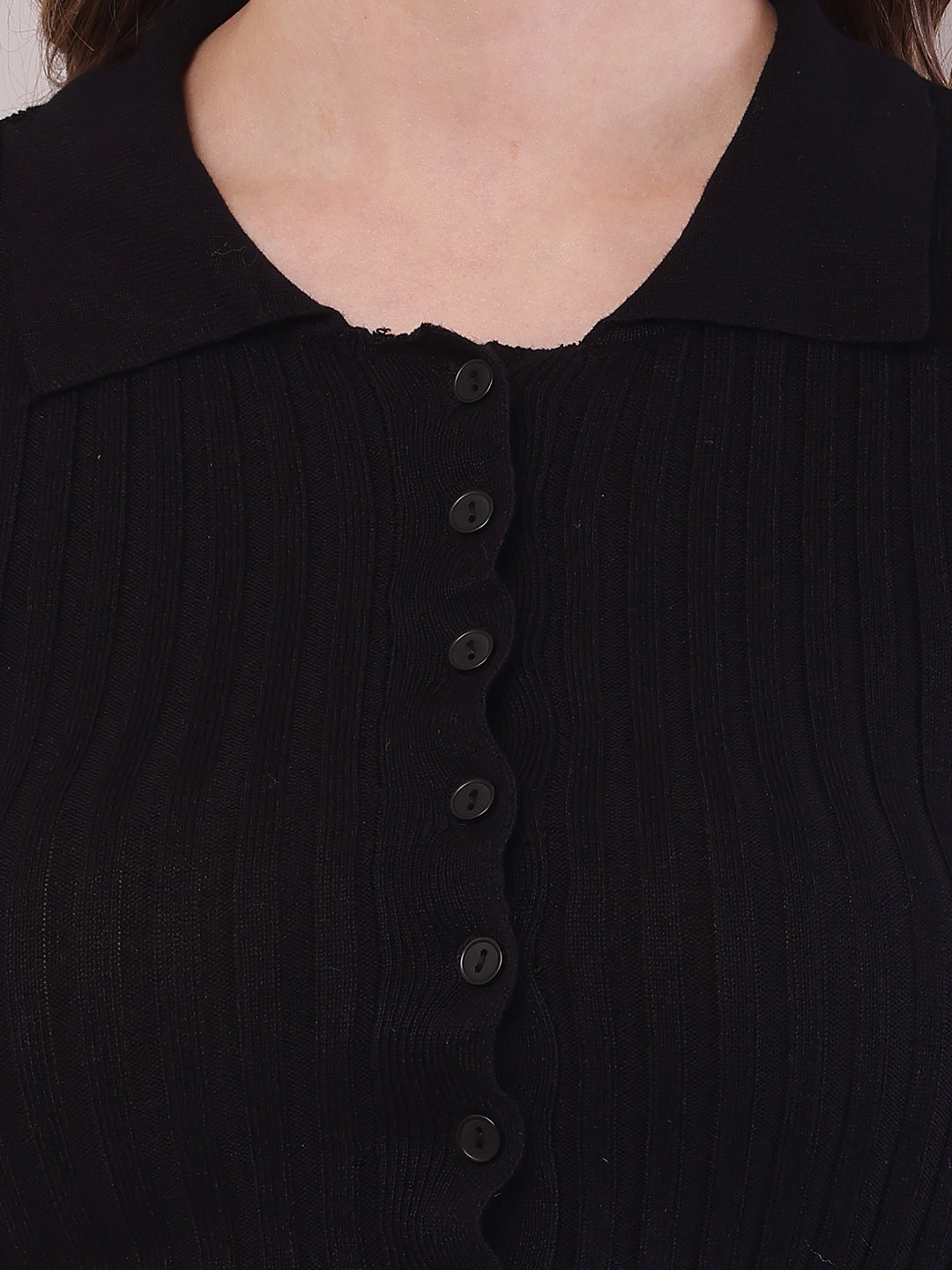 Viscose Full Sleeve with Shirt Collar Ribbed Crop Black Cardigan