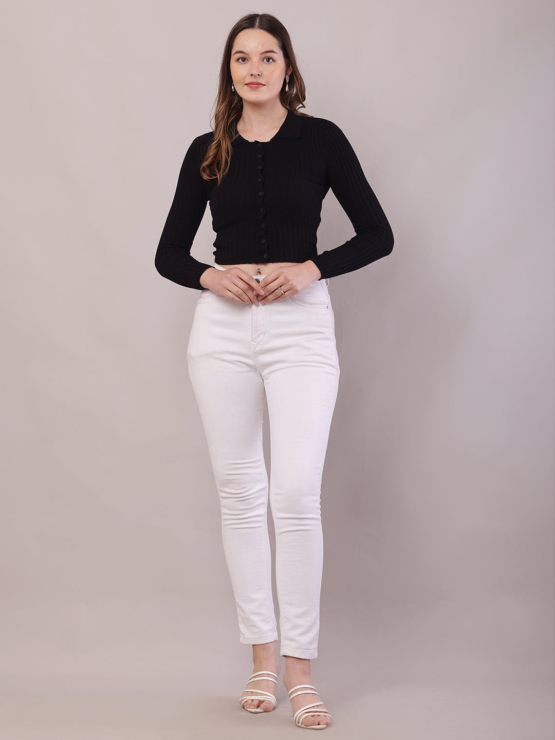 Viscose Full Sleeve with Shirt Collar Ribbed Crop Black Cardigan