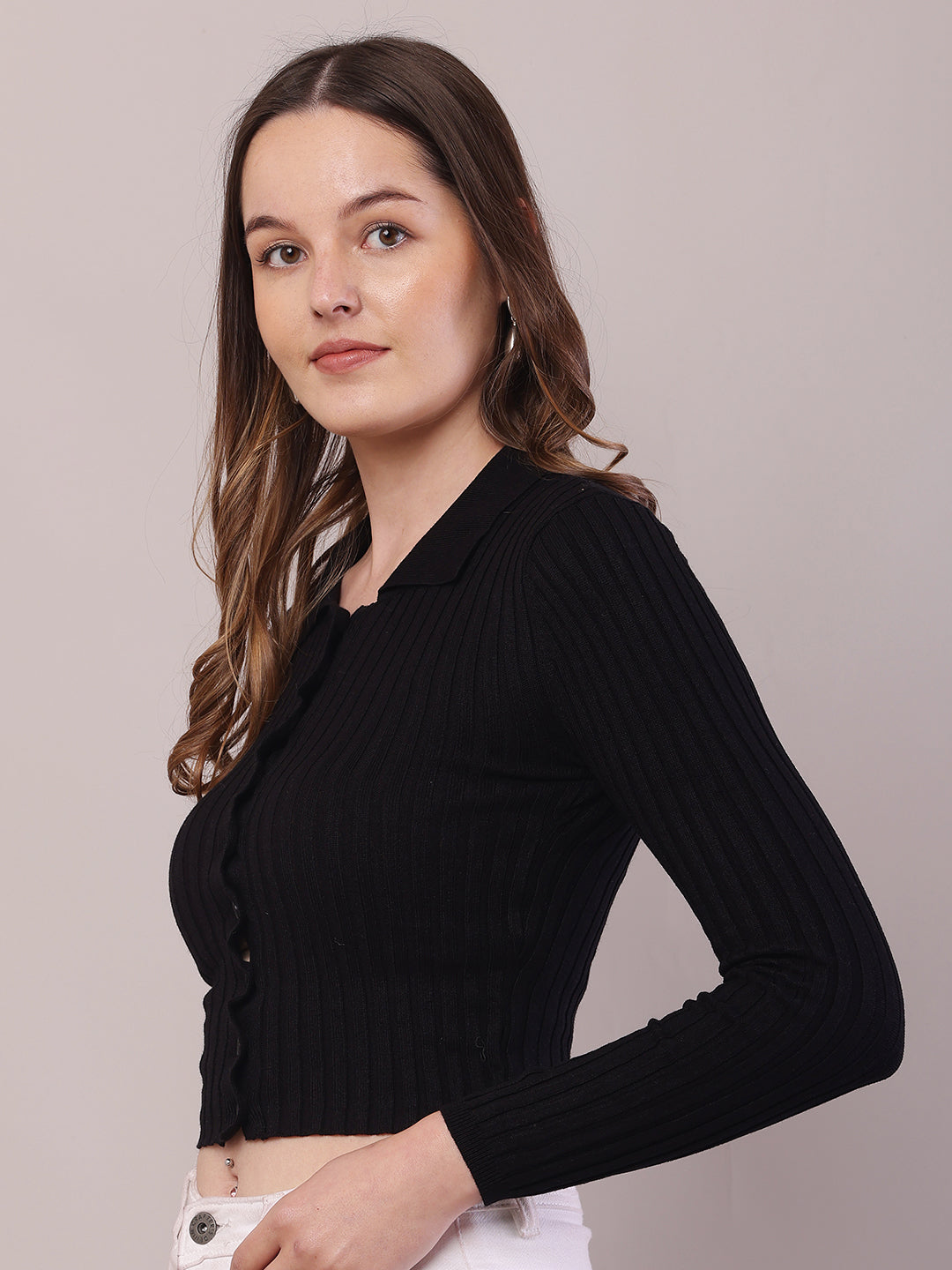 Viscose Full Sleeve with Shirt Collar Ribbed Crop Black Cardigan