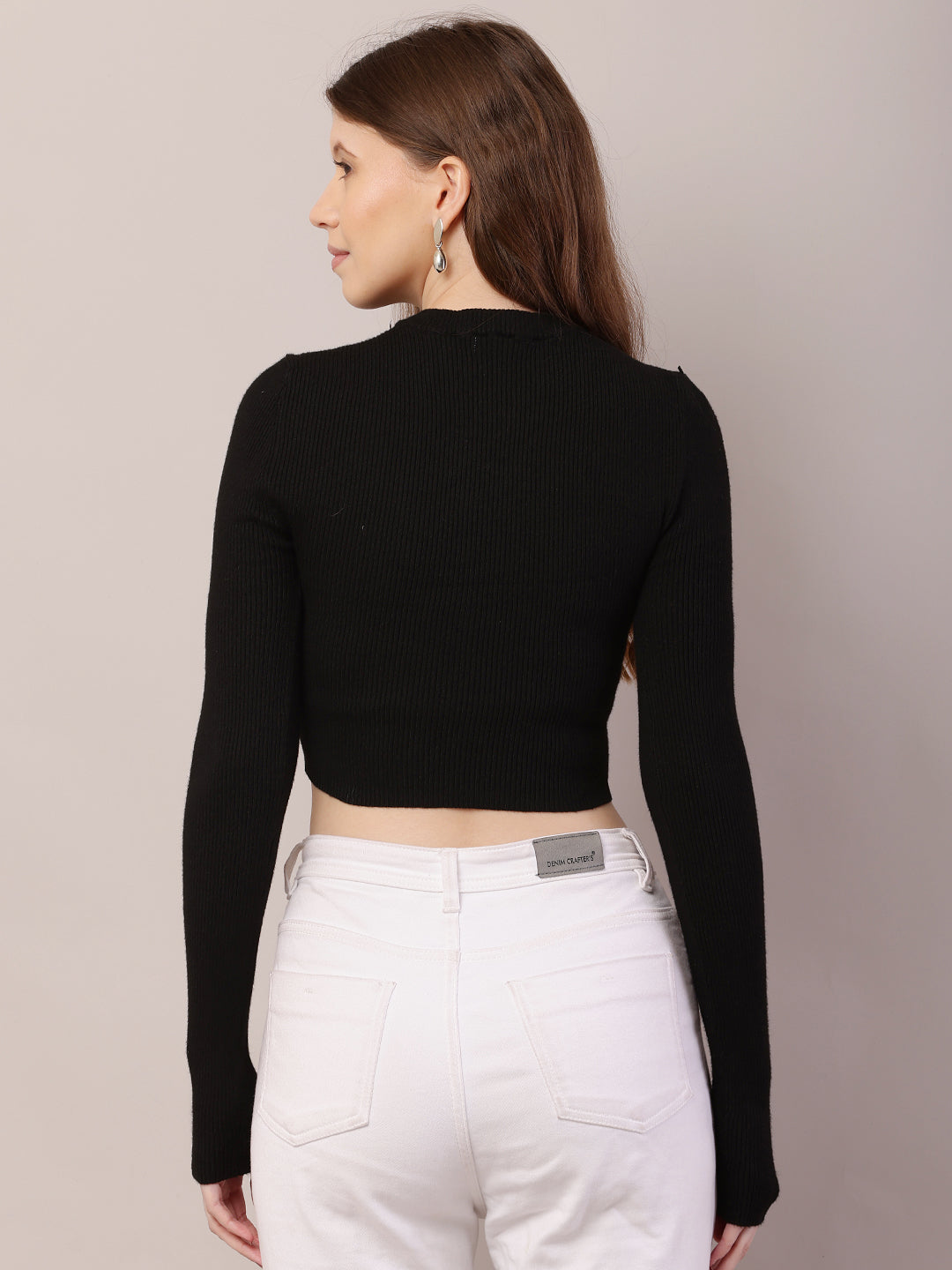 Acrylic Full Sleeve with Round Neck Crop Black Sweater