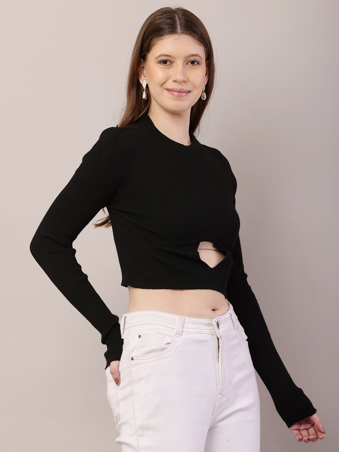 Acrylic Full Sleeve with Round Neck Crop Black Sweater