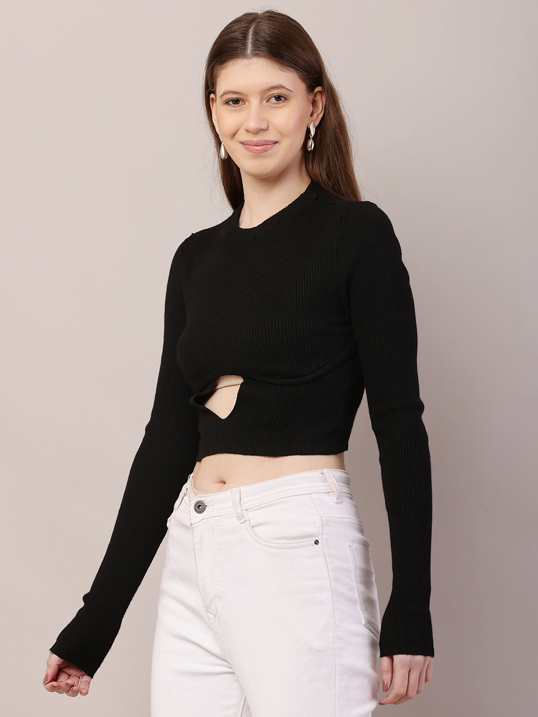 Acrylic Full Sleeve with Round Neck Crop Black Sweater
