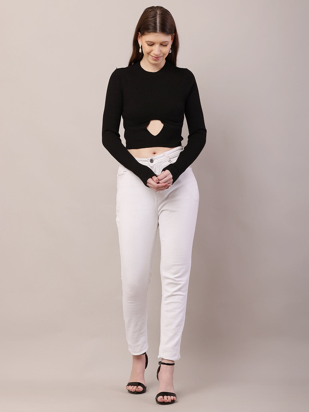Acrylic Full Sleeve with Round Neck Crop Black Sweater