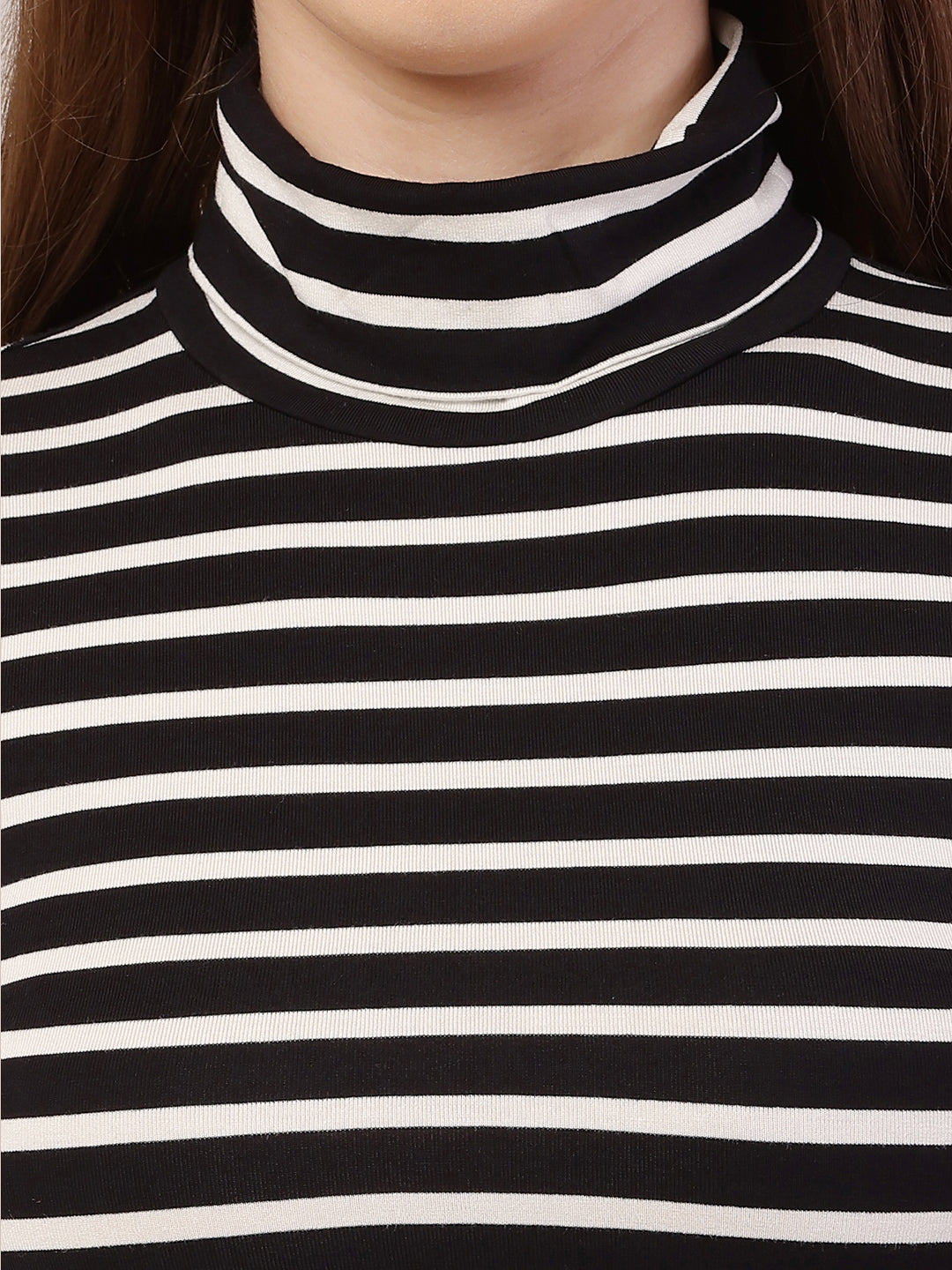 Polyester Full Sleeve with High-Neck Striped Black and White Crop Top