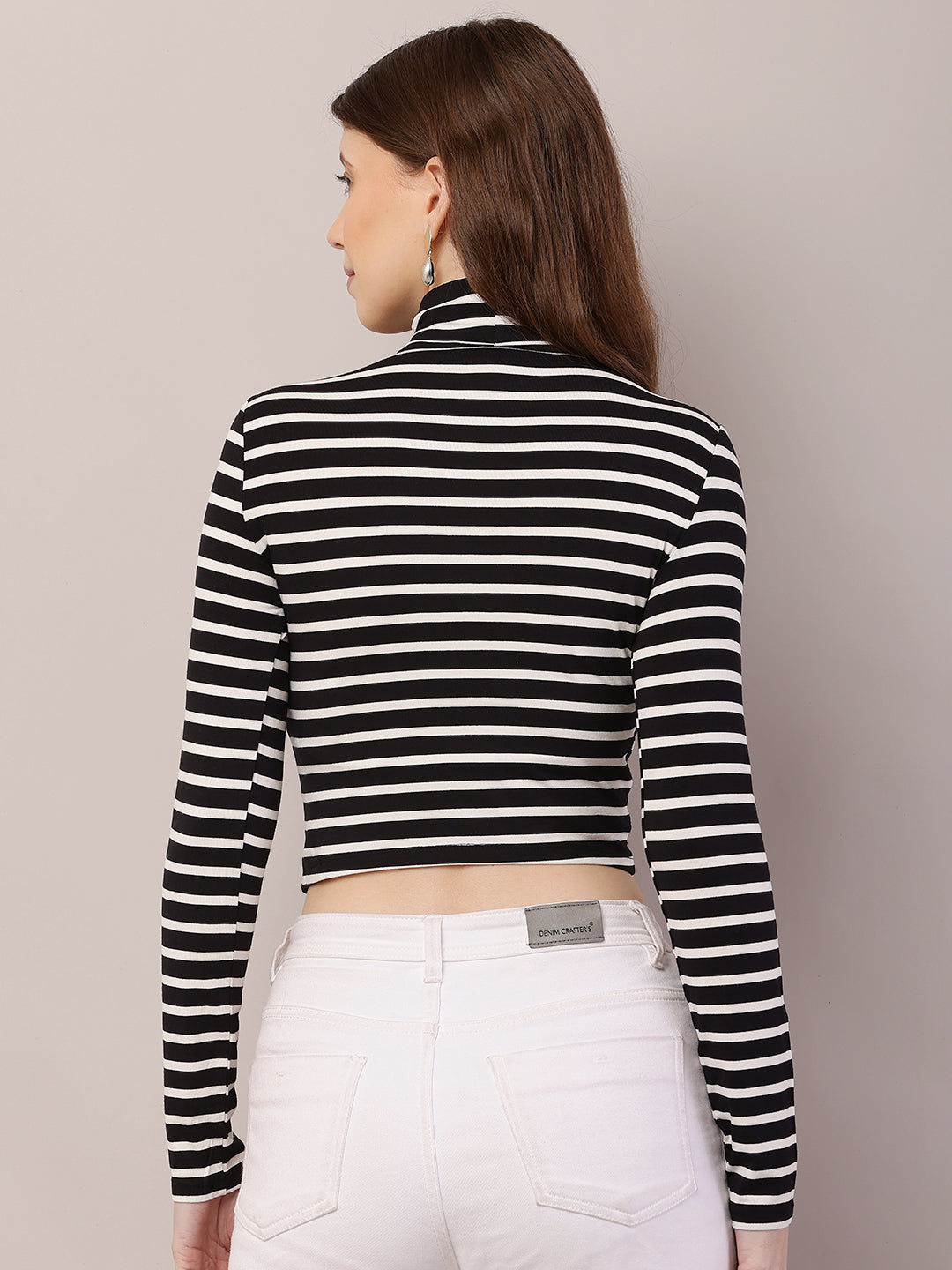 Polyester Full Sleeve with High-Neck Striped Black and White Crop Top
