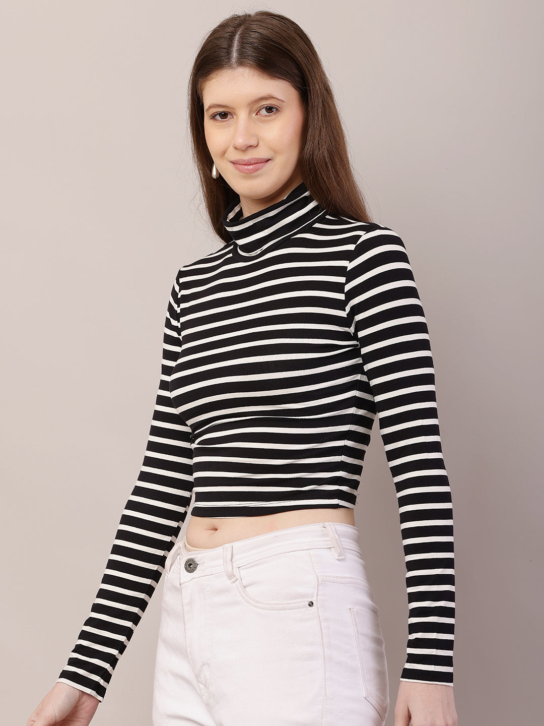 Polyester Full Sleeve with High-Neck Striped Black and White Crop Top