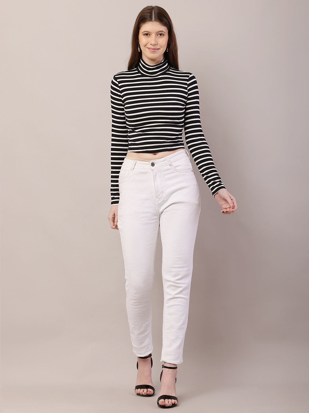 Polyester Full Sleeve with High-Neck Striped Black and White Crop Top