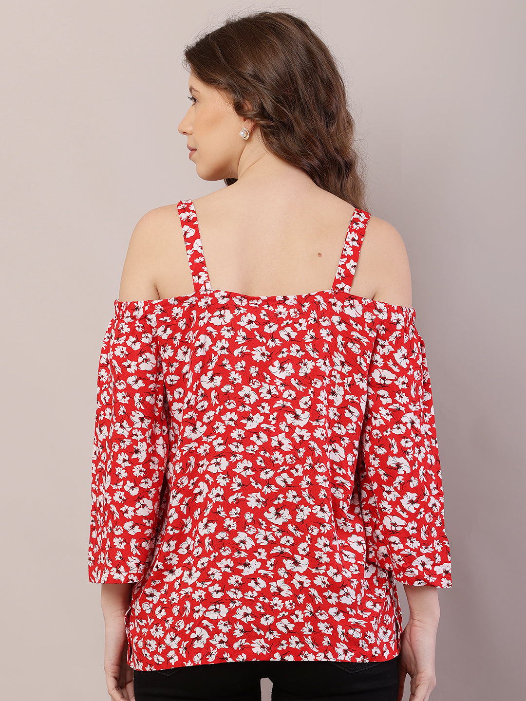 Red Floral Cold Shoulder Top with Side Tich Button Detailing – 100% Rayon Casual Wear