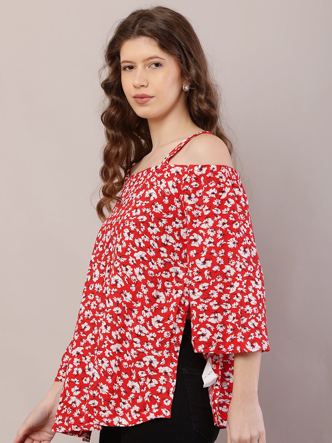 Red Floral Cold Shoulder Top with Side Tich Button Detailing – 100% Rayon Casual Wear