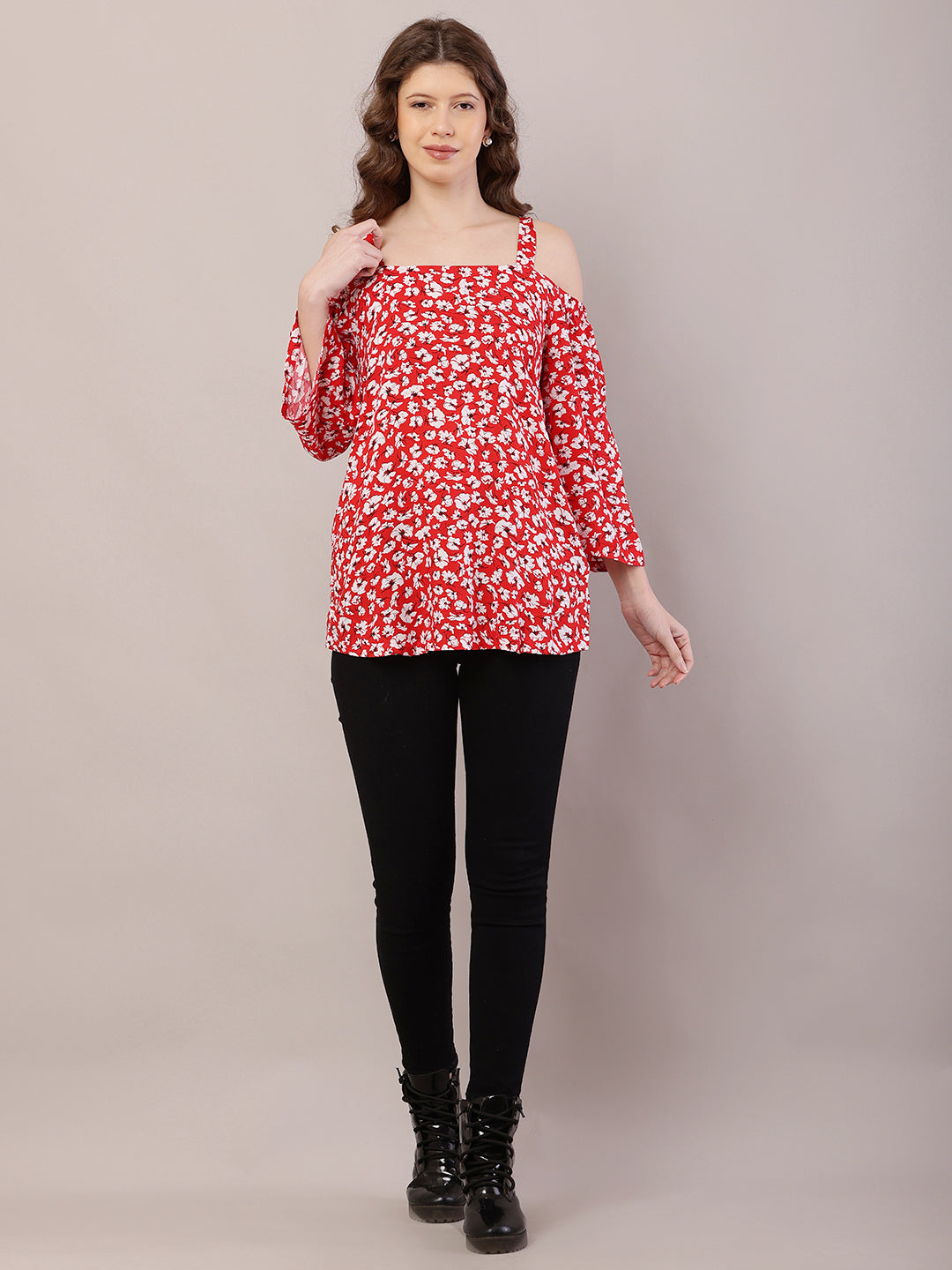 Red Floral Cold Shoulder Top with Side Tich Button Detailing – 100% Rayon Casual Wear