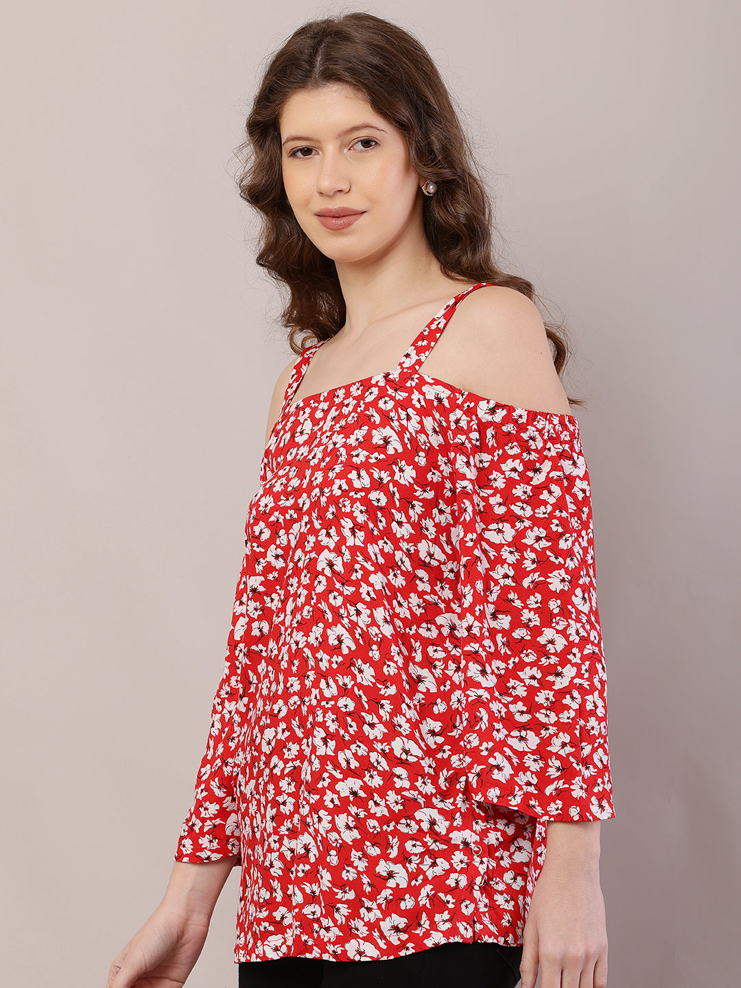 Red Floral Cold Shoulder Top with Side Tich Button Detailing – 100% Rayon Casual Wear