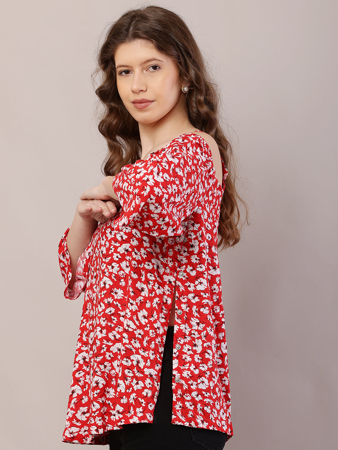Red Floral Cold Shoulder Top with Side Tich Button Detailing – 100% Rayon Casual Wear