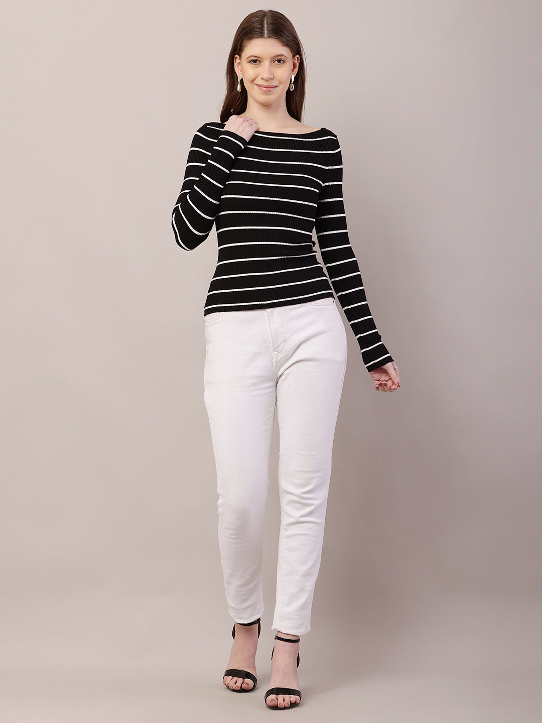 Acrylic Full Sleeve with Boat Neck Striped Ribbed Black Top