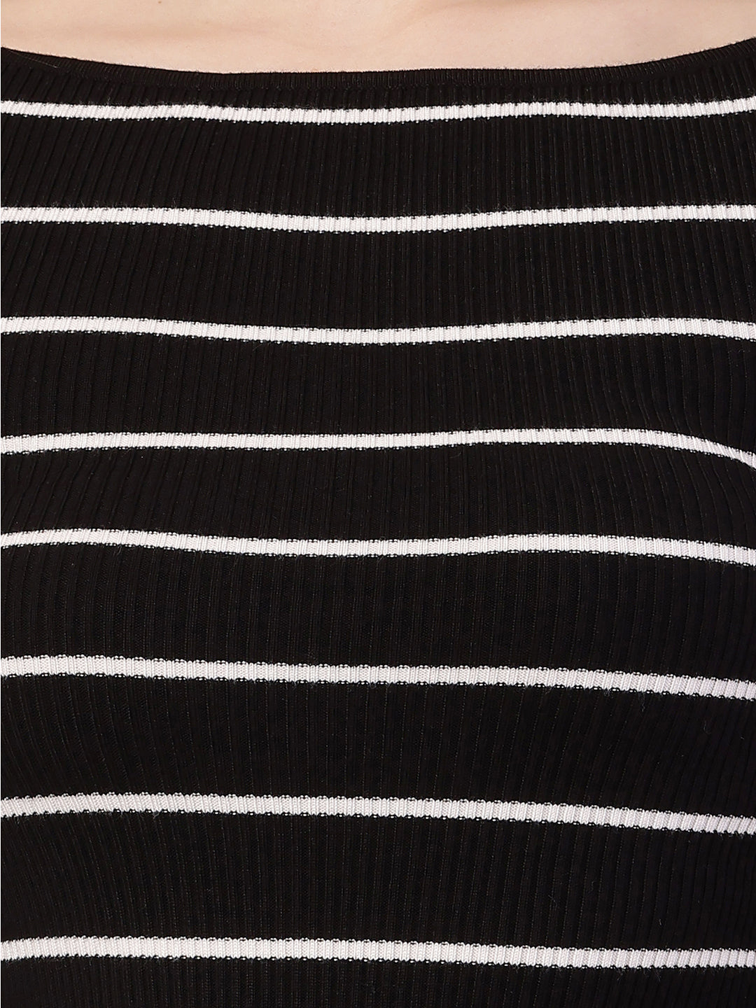 Acrylic Full Sleeve with Boat Neck Striped Ribbed Black Top