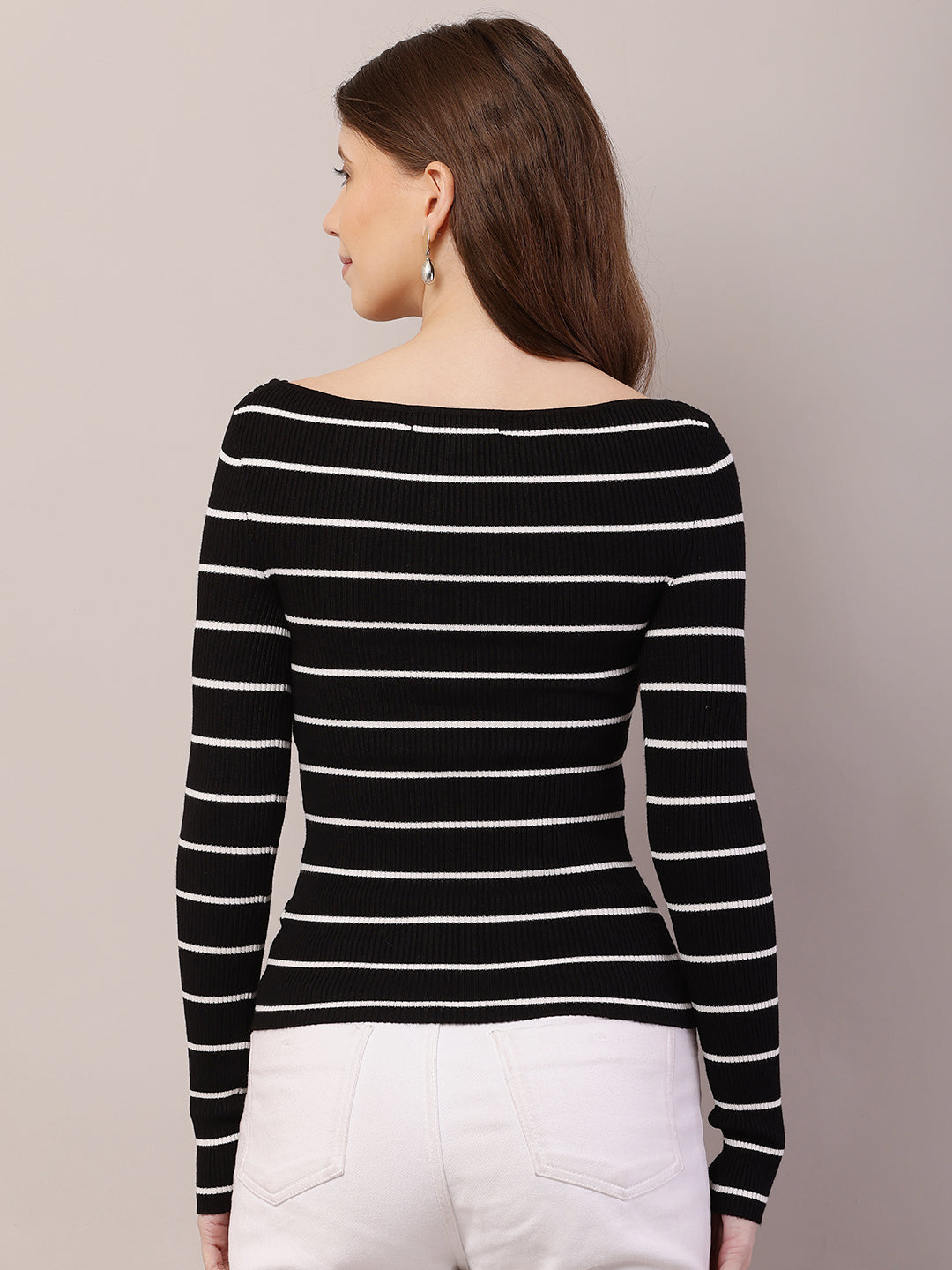 Acrylic Full Sleeve with Boat Neck Striped Ribbed Black Top