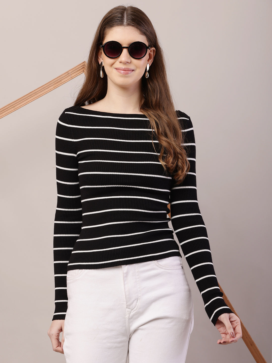 Acrylic Full Sleeve with Boat Neck Striped Ribbed Black Top