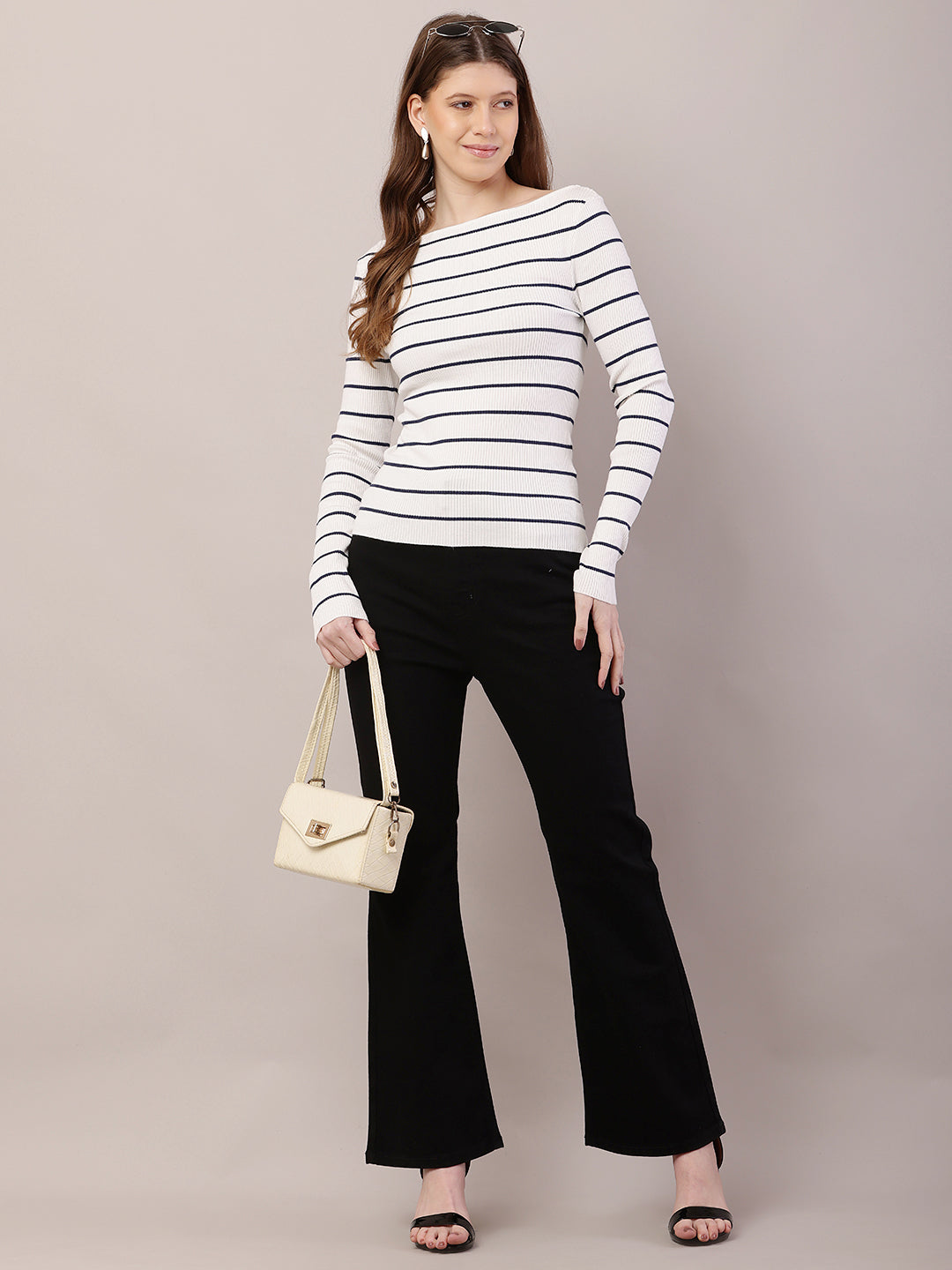 Acrylic Full Sleeve with Boat Neck Striped Ribbed White Top