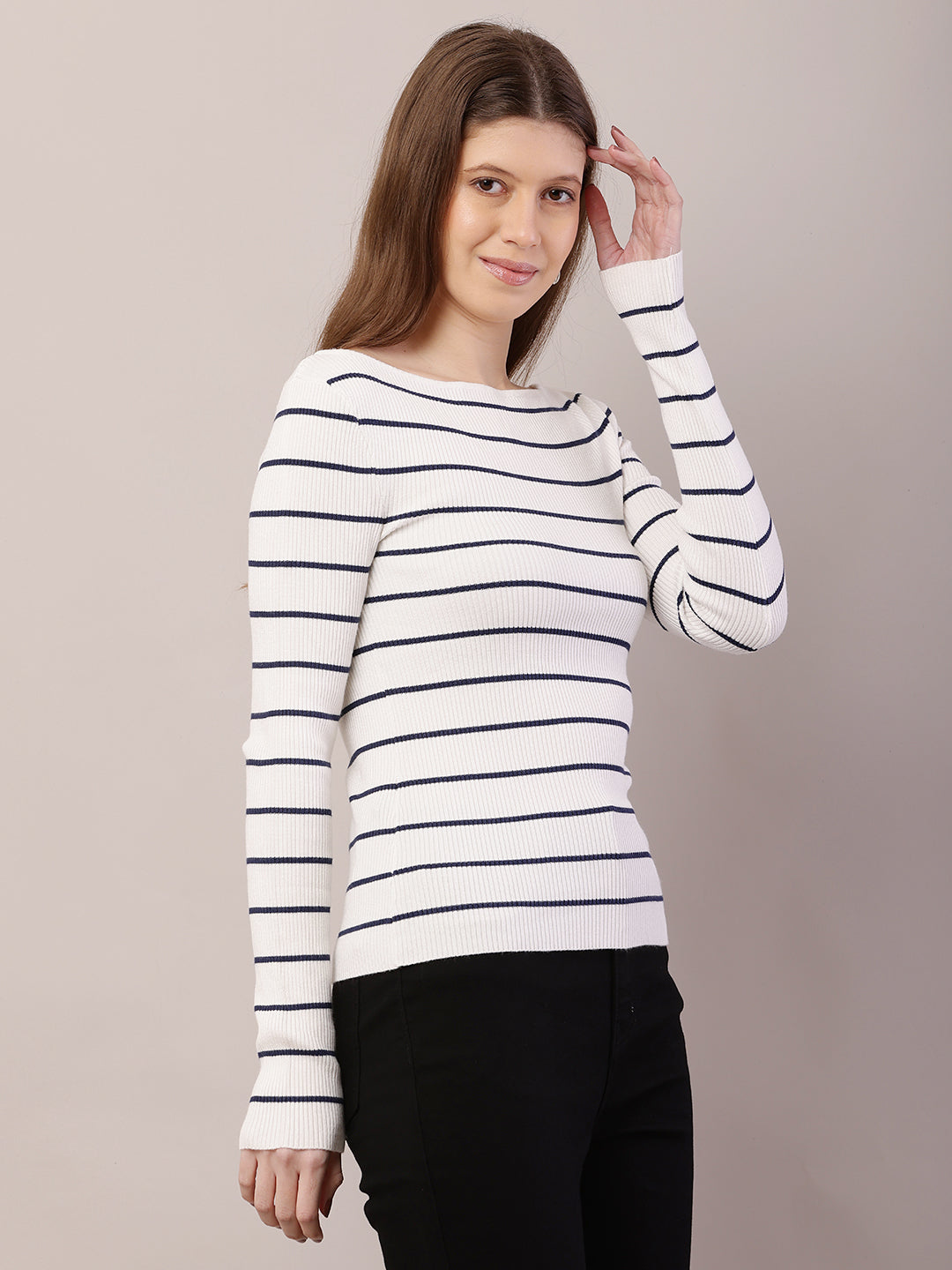 Acrylic Full Sleeve with Boat Neck Striped Ribbed White Top