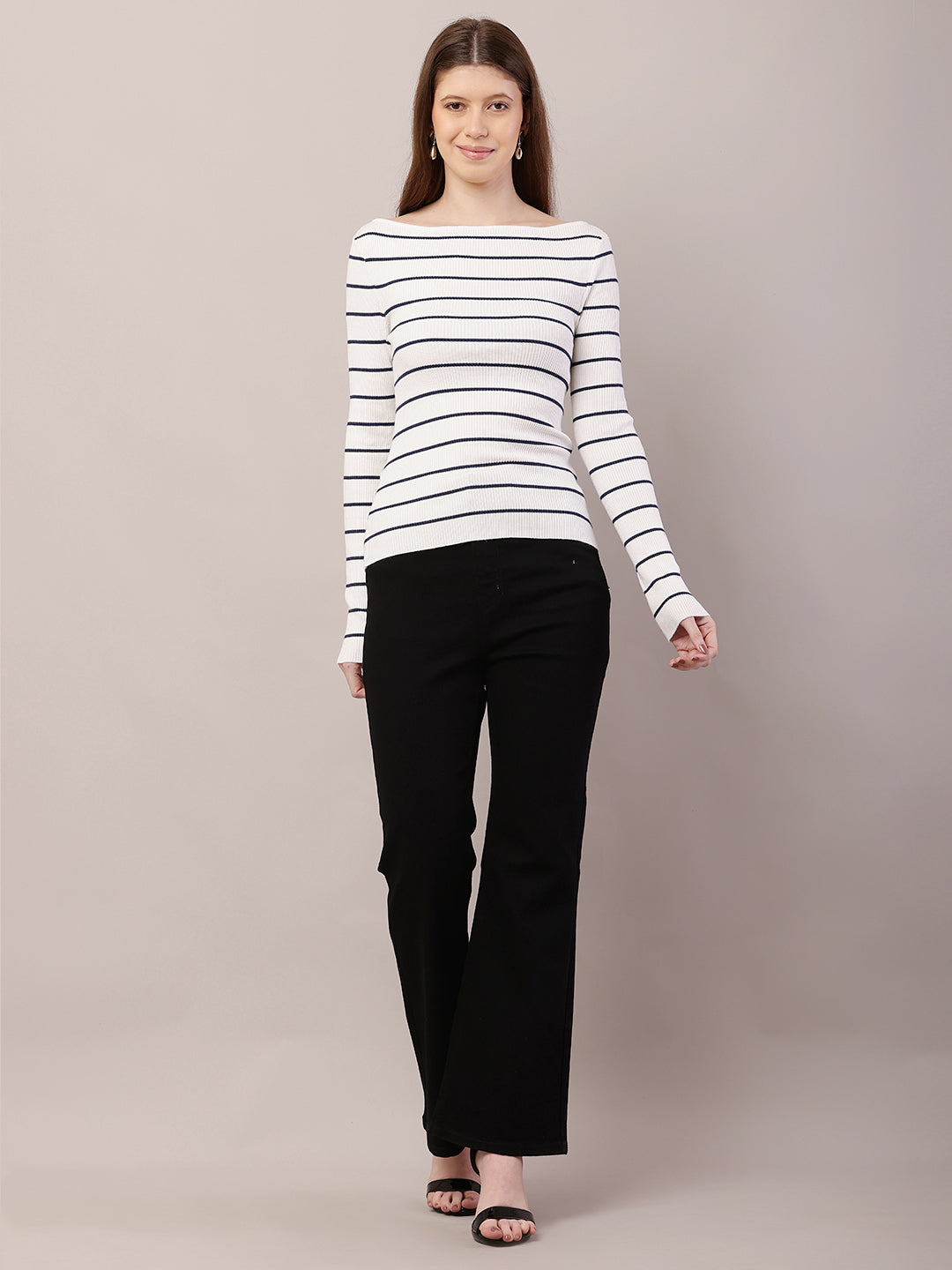 Acrylic Full Sleeve with Boat Neck Striped Ribbed White Top