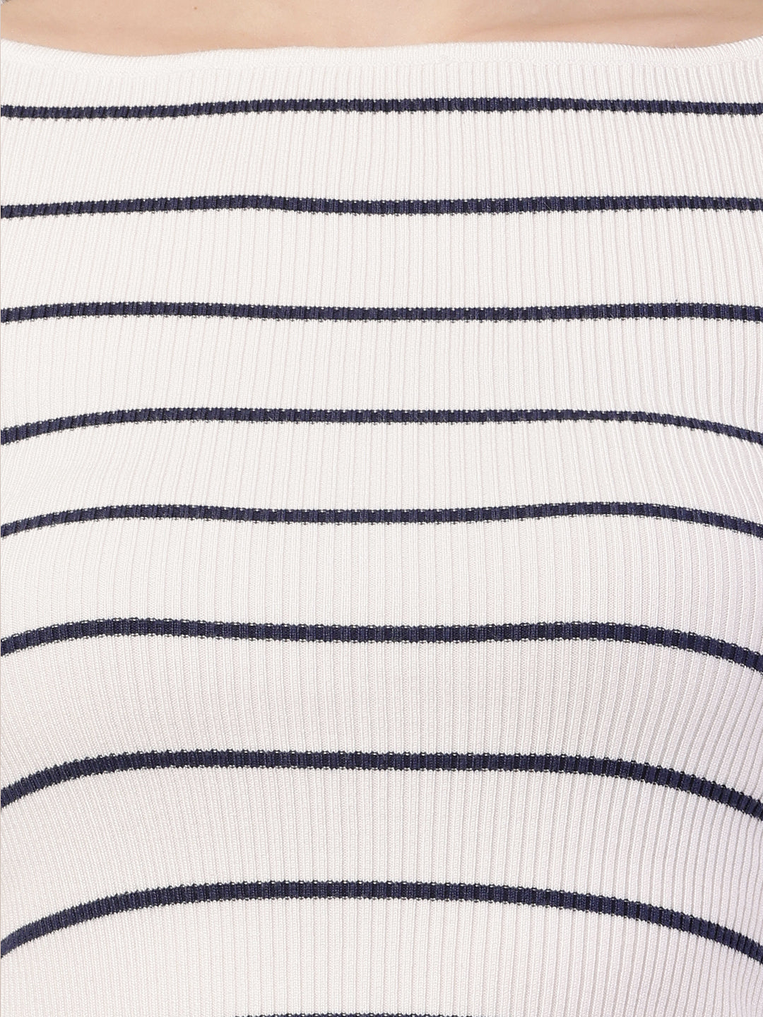 Acrylic Full Sleeve with Boat Neck Striped Ribbed White Top