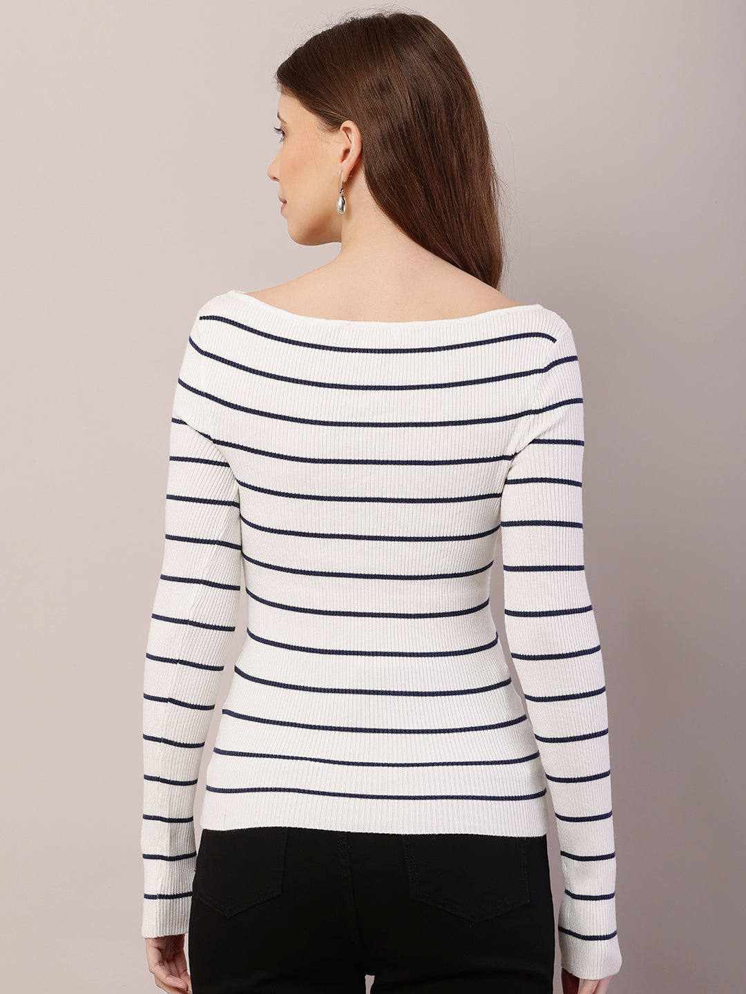 Acrylic Full Sleeve with Boat Neck Striped Ribbed White Top