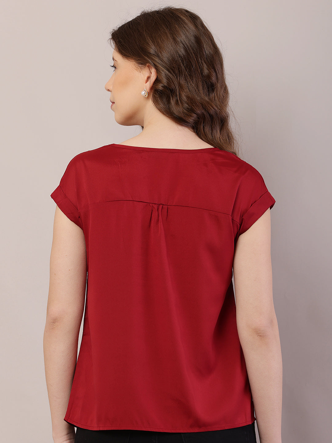 Polyester Round Neck with Short Sleeve Red Top