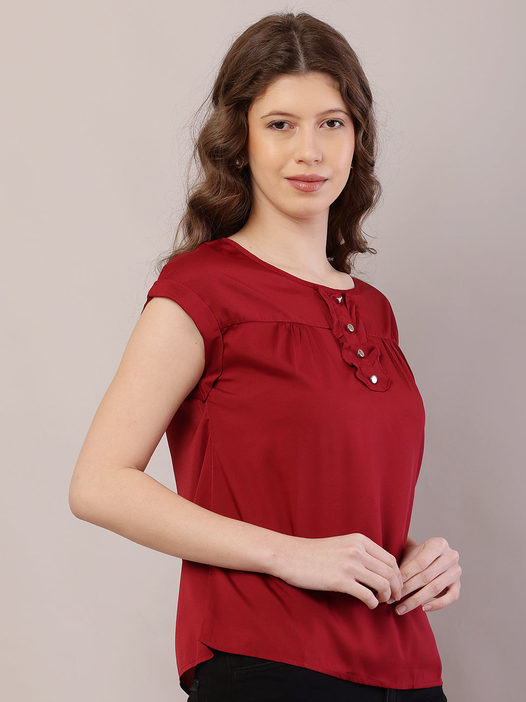 Polyester Round Neck with Short Sleeve Red Top