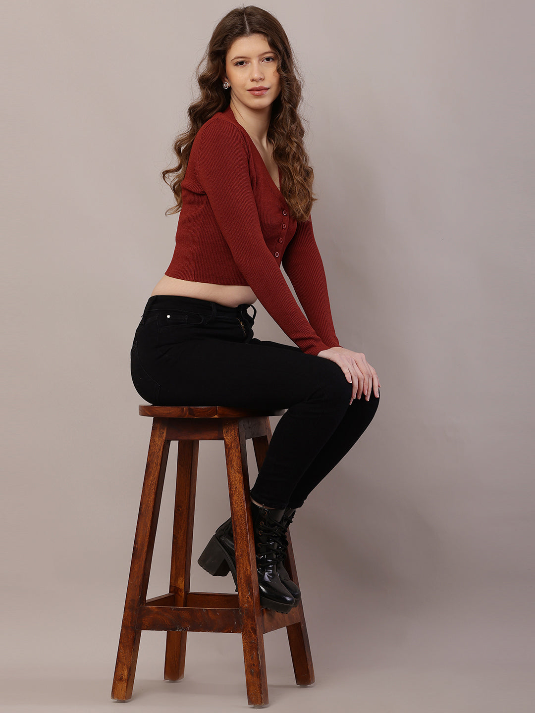 Viscose Full Sleeve with V-Neck Ribbed Brown Cardigan