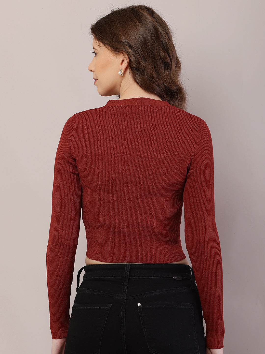 Viscose Full Sleeve with V-Neck Ribbed Brown Cardigan