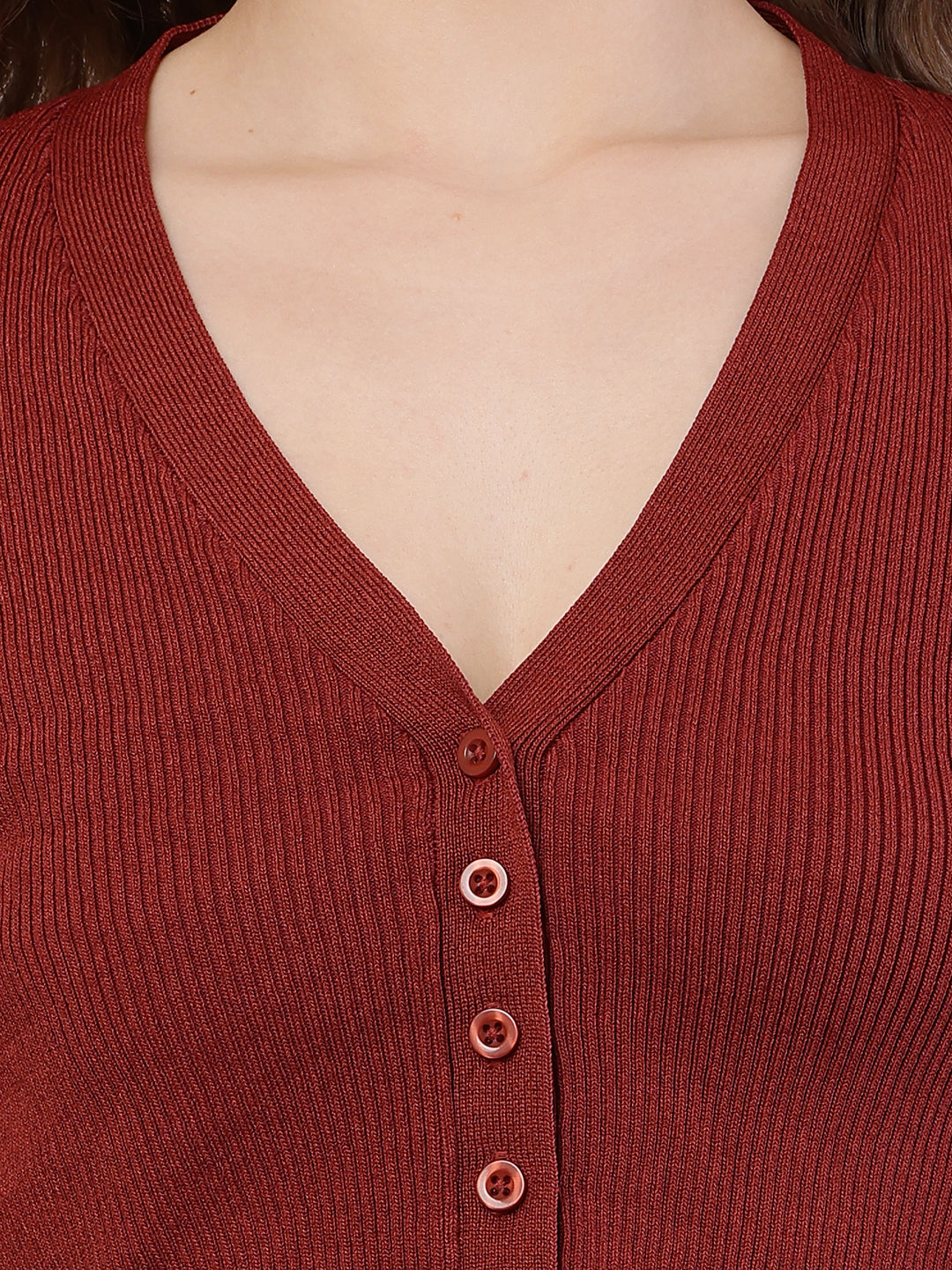 Viscose Full Sleeve with V-Neck Ribbed Brown Cardigan