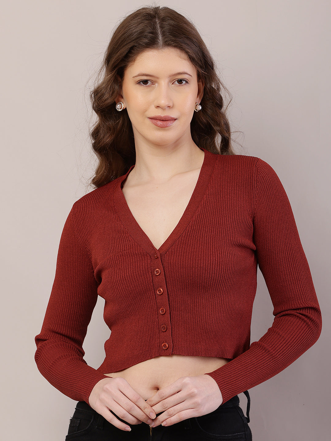 Viscose Full Sleeve with V-Neck Ribbed Brown Cardigan