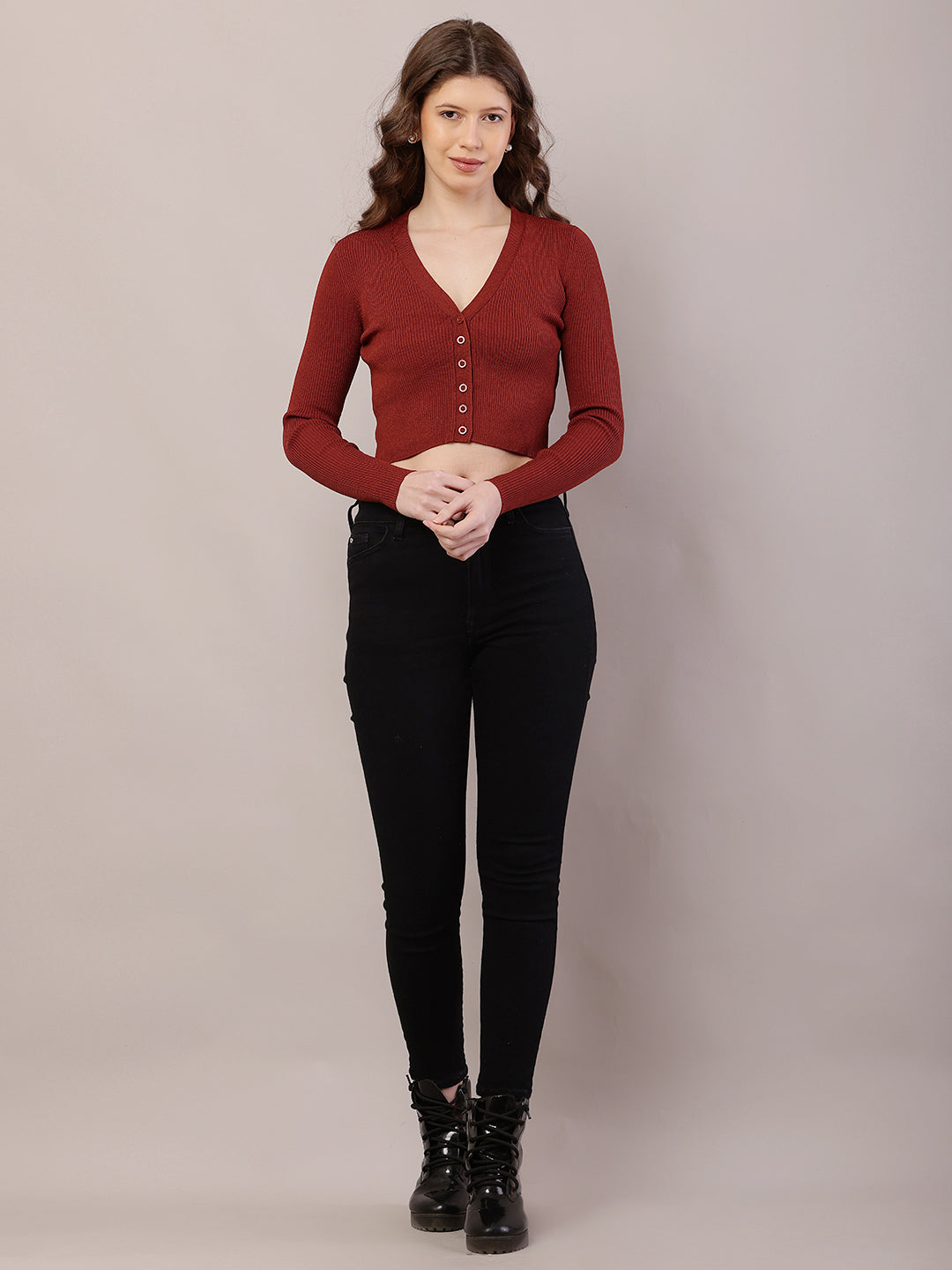 Viscose Full Sleeve with V-Neck Ribbed Brown Cardigan