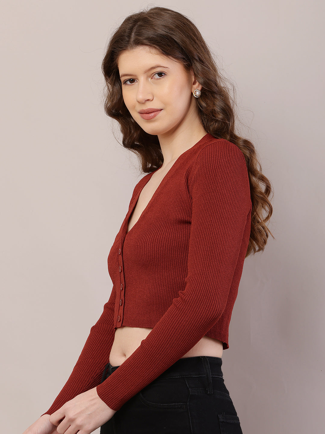 Viscose Full Sleeve with V-Neck Ribbed Brown Cardigan