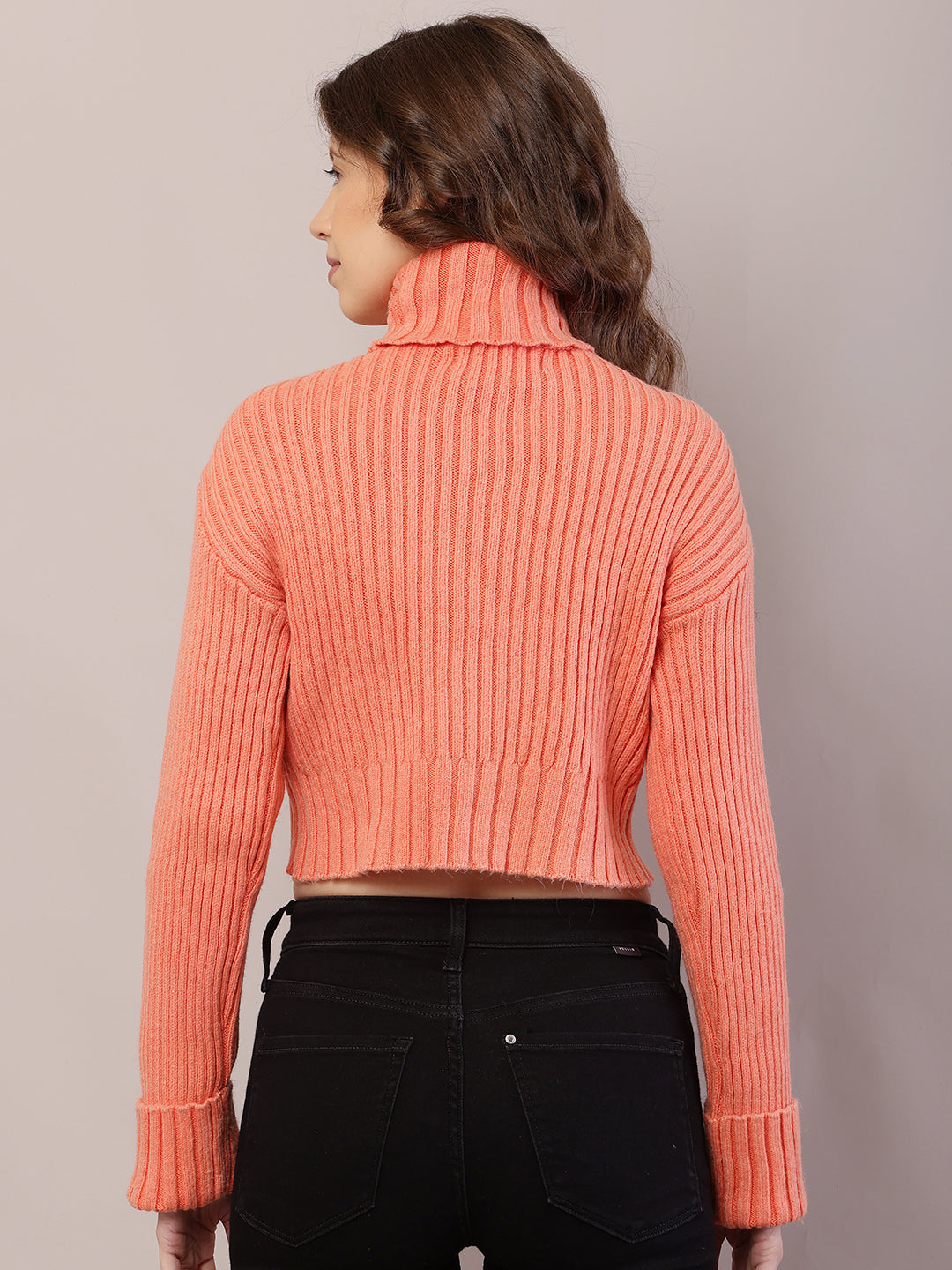 Acrylic Full Sleeve with High-Neck Ribbed Light Orange Sweater